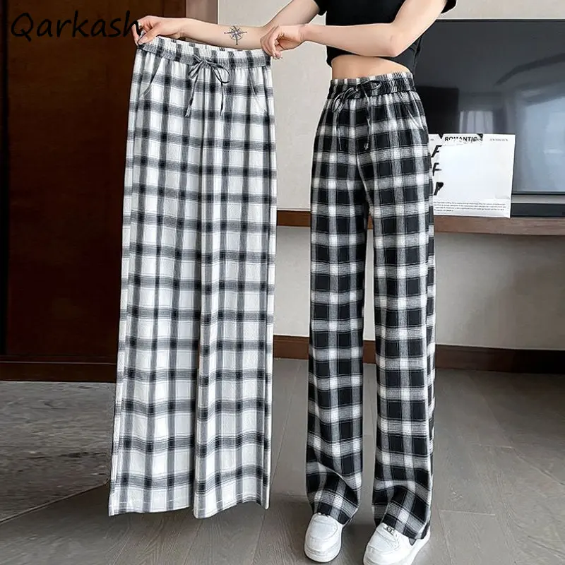 

Wide Leg Pants Women Baggy L-6XL Elastic Waist Plaid Teens Temper Unisex Cozy Korean Fashion Trousers Pantalones Preppy Personal