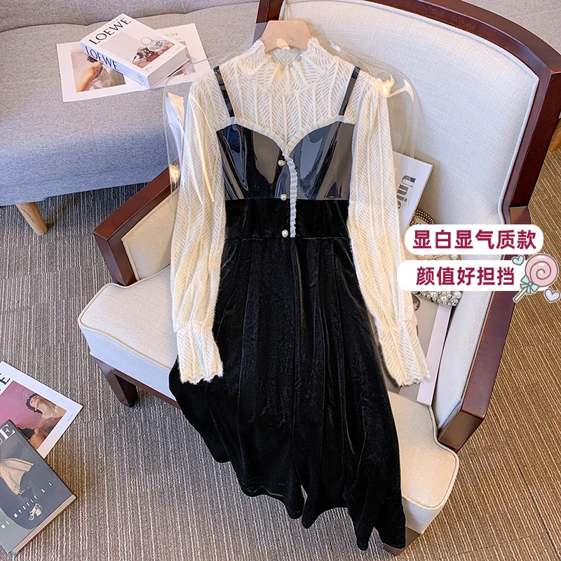 

Women Elegant Lace Patchwork Fake Two Piece Party Dress Long Sleeve Stand Collar Velvet Vintage Dress Winter Outwear y2k Clothes