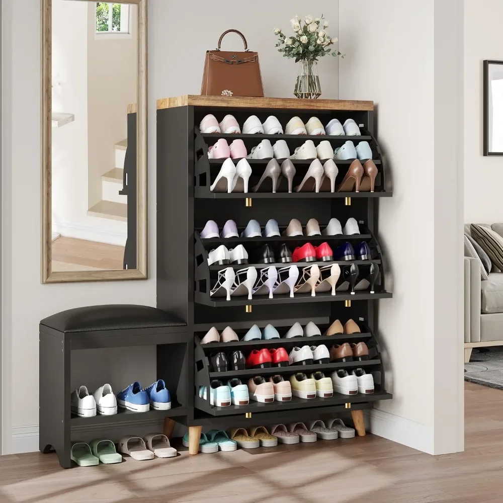 Shoe Cabinet with 3 Flip Drawers, Freestanding Hidden Shoe Rack Storage Organizer with Gold Metal Handle