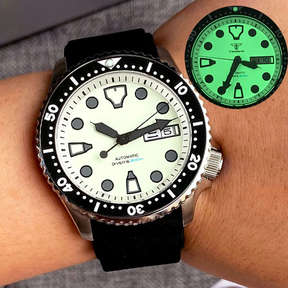 Tandorio 41mm NH36A 200M Diver Automatic Watch For Men Luminous Sapphire Glass Luxury Clock SKX Rubber Band 2023 Relogio 36mm vintage professional diver pilot automatic watch s nh35 movt dome sapphire glass green luminous 20bar waterproof clock