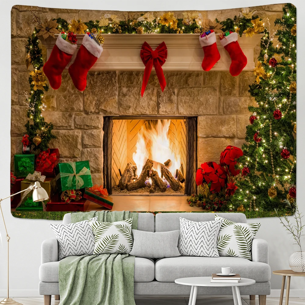 AQHYCJT Neve Albero Di Natale Camino Babbo Natale Stampa Arazzo Appeso A Parete Sfondo Panno Natale Casa Decorazione Della Parete Della Stanza (W) 150×(H) 130CM
