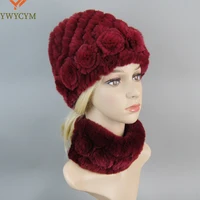 Hot Sale 2 Pieces Natural Rex Rabbit Fur Cap Scarves Women Warm Rex Rabbit Fur Hat Scarf Sets Winter Lady Knit Fur Hats Muffler 1