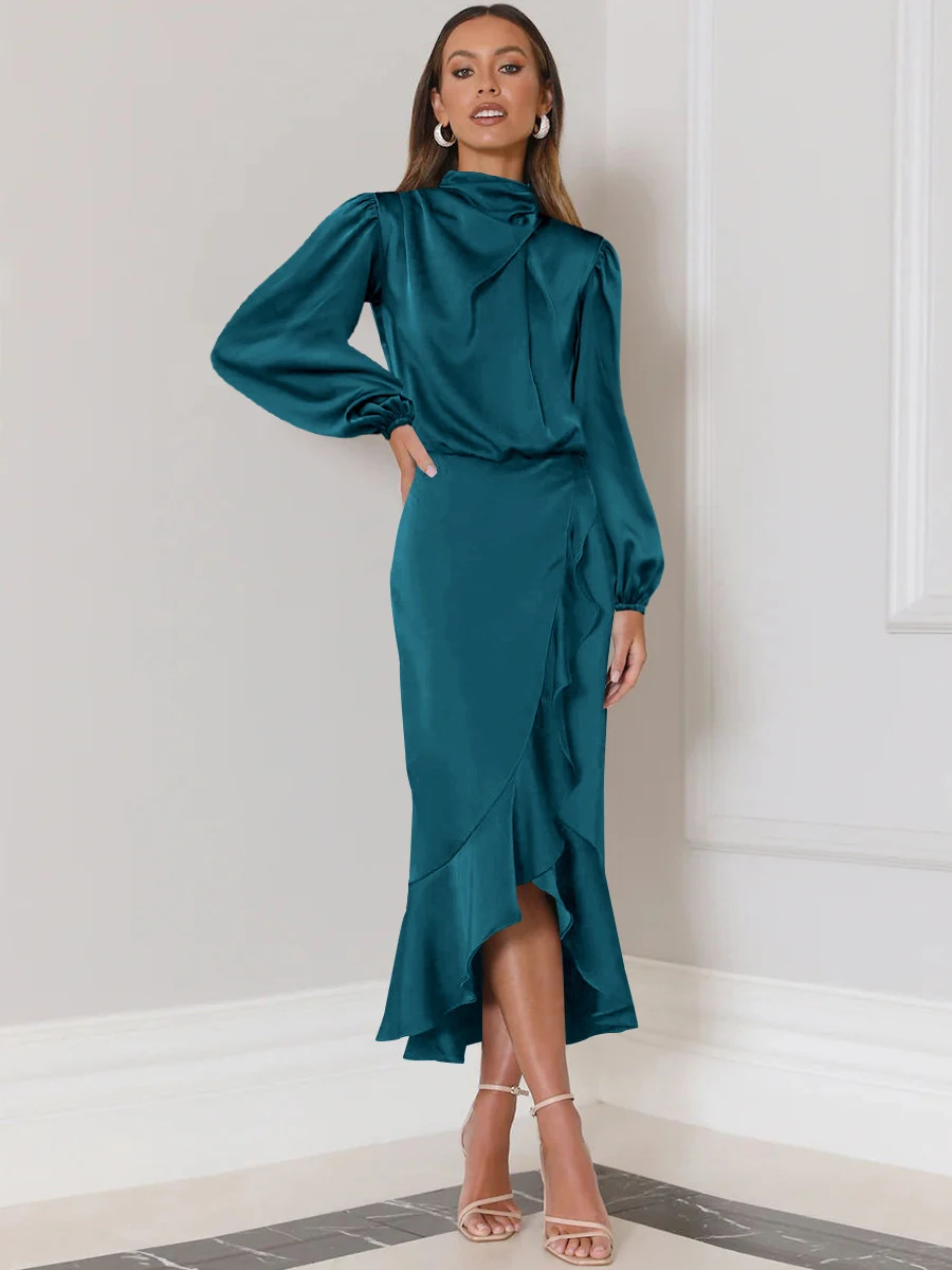 

Solid Color Lantern Sleeve Folds Fishtail Skirt Woman Long Sleeve High Waisted Long Skirt Fashion Slim Autumn New Dresses