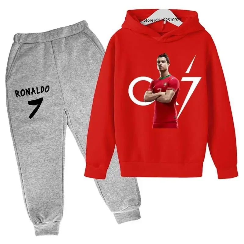 thumbnail image 1 of Conjunto de 2 piezas de sudadera con capucha y pantalones con estampado de ídolo de fútbol Cr7 para niños de 3 a 13 años, ropa informal para bebés, 1 of 5