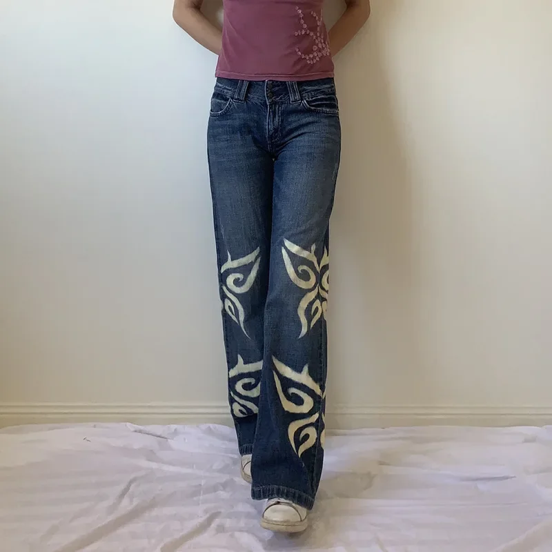 Printed Jeans Women's Old Style Butterfly Print Wide-leg Straight-leg Women's Jeans 2023 Fall/winter New Trousers Low Waist