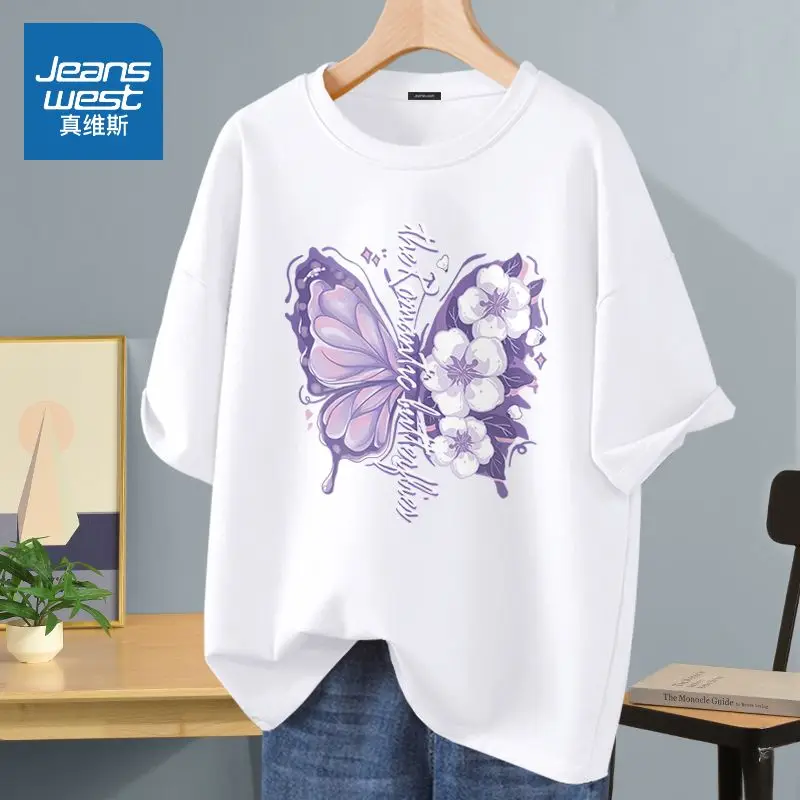 

Women Casual Short Sleeve Basics T-shirt Summer Chic Butterfly Printed Pure Cotton Top Tees O-neck Pullovers Loose S-5XL