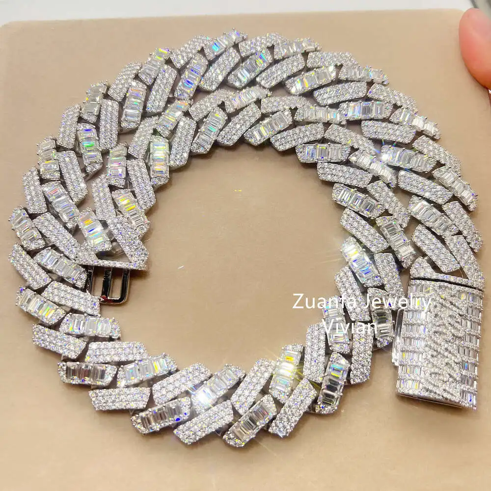 

24mm Hip Hop Jewelry Sterling Silver 925 Big Heavy Miami Cuban Link Chain Iced Out Baguette Moissanite Diamond Men Necklace