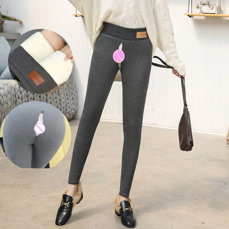 Invisible Open Crotch Outdoor Sex Pants Lambswool Sexy Yoga Push Up Leggings Winter Warm Trousers Club Plus Size Women Clothing