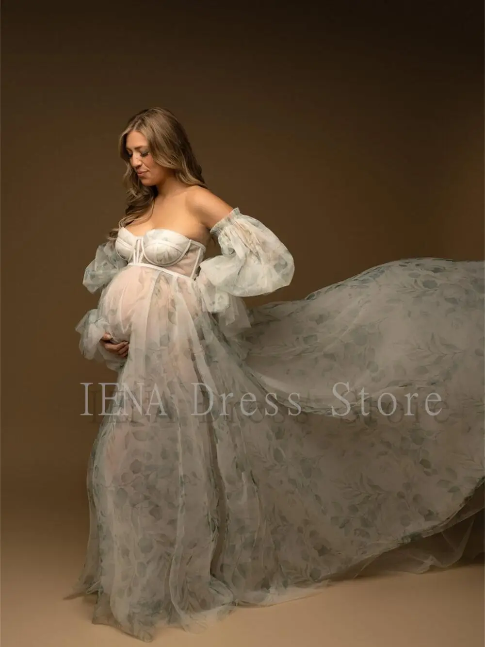 Floral Printing Maternity Dresses Photography Pregnant Gowns Removable Sleeve Pregnancy Women Photoshoot Dress 14509#