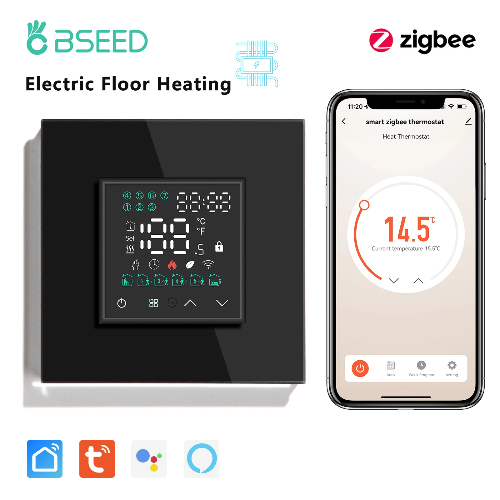 Bseed-zigbee Piso Elétrico Aquecimento Caldeira de Água Quarto Termostato Controlador de Temperatura Alexa Google App Backlight