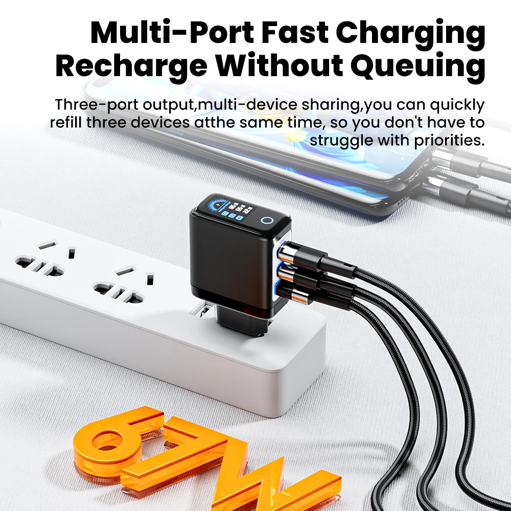 67W GaN USB-C Fast Charging Wall Charger with LCD Display - Portable Travel Charger