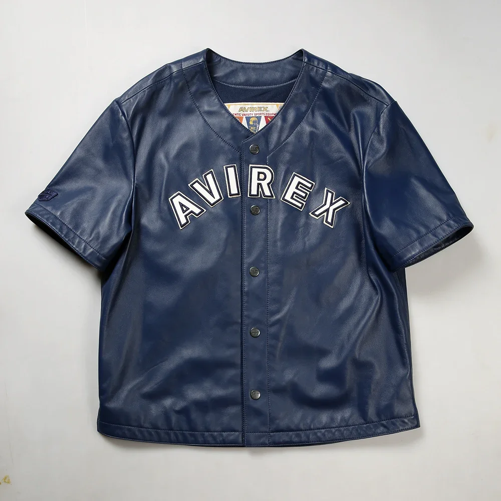 

Новинка 2024, модная летняя мужская рубашка из овечьей кожи с короткими рукавами, Классическая кожаная одежда с круглым вырезом и вышивкой