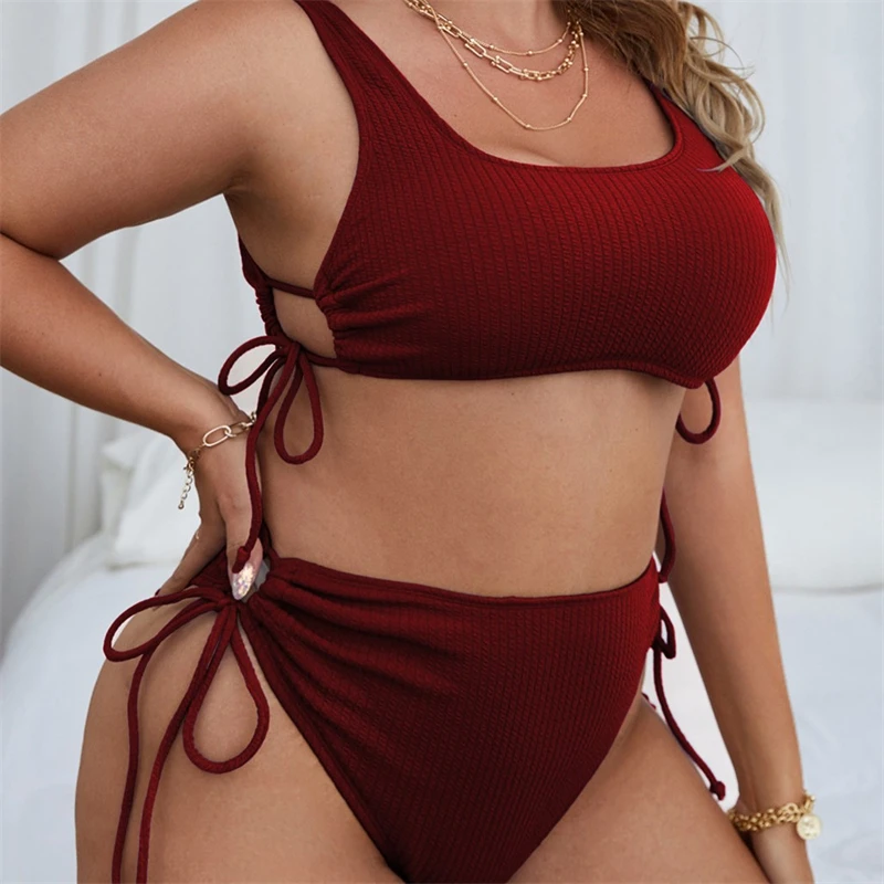 

Side Tie Plus Size Women's Bikini 2 Piece Sexy Lace Swimsuit Set High Waist Beachwear Suit Set