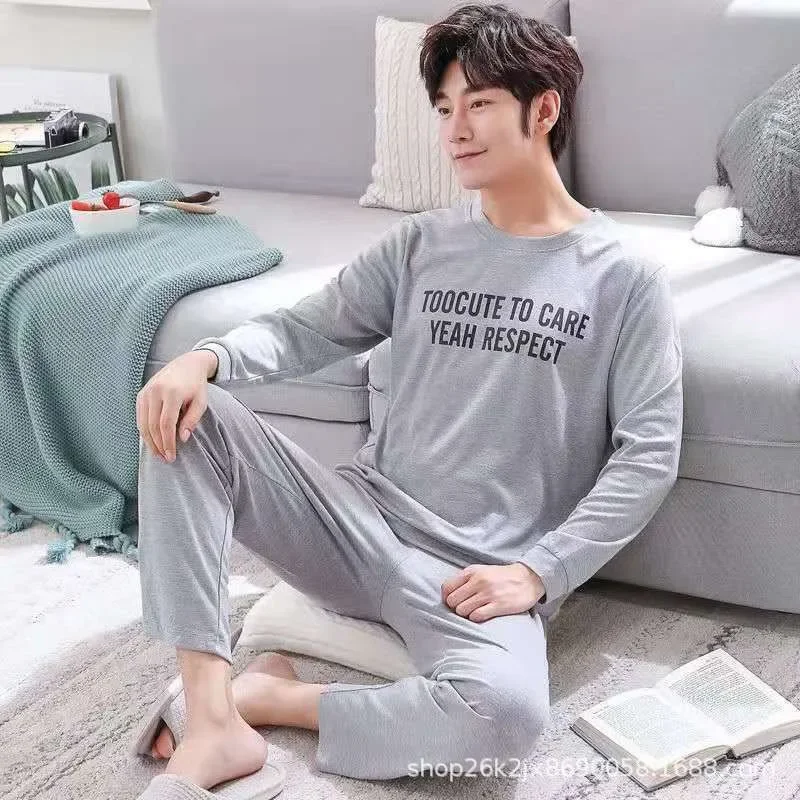 Men Pajama Set Long Sleeves Trousers Nightwear Homewear Large Size Breathable Student Letter Sleepwear Loungewear Two-Piece Set