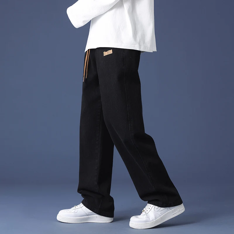 New Spring and Autumn Men's 2024 Spliced Elastic Waist Drawstring Pocket Fashion Solid Color Loose Straight Leg Casual Jeans