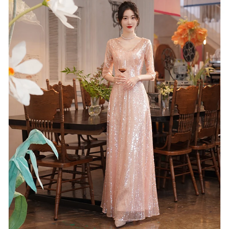 

Женское длинное платье с блестками, розовое платье с V-образным вырезом, а-силуэт, длиной до пола, для торжественных случаев, на день рождения