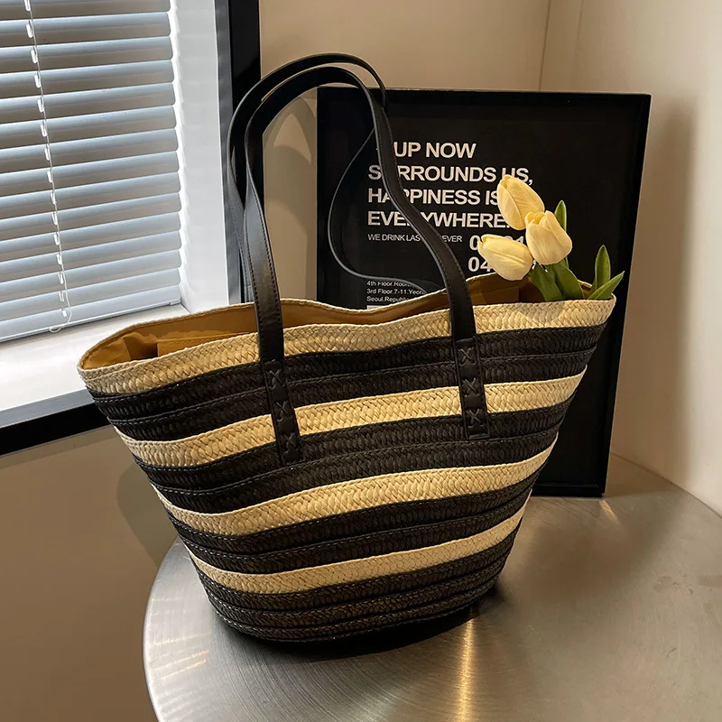 2024 NEW Design Large Straw Tote Bag for Women Rattan Woven Beach Bag Summer Colored Stripe Shoulder Bags Handbag