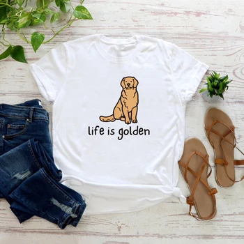 Cute Golden Retriever Dog Mom Tshirt Life Is Golden Shirt O-Neck T-shirts Sleeve Tee English Retriever Top Aesthetic Clothes 1