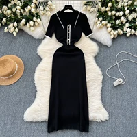 REALEFT 2024 New Summer Women's Polo Knitted Dresses Colorblock Elegant Short Sleeve Buttons Bodycon Wrap Dress Female - Image 5