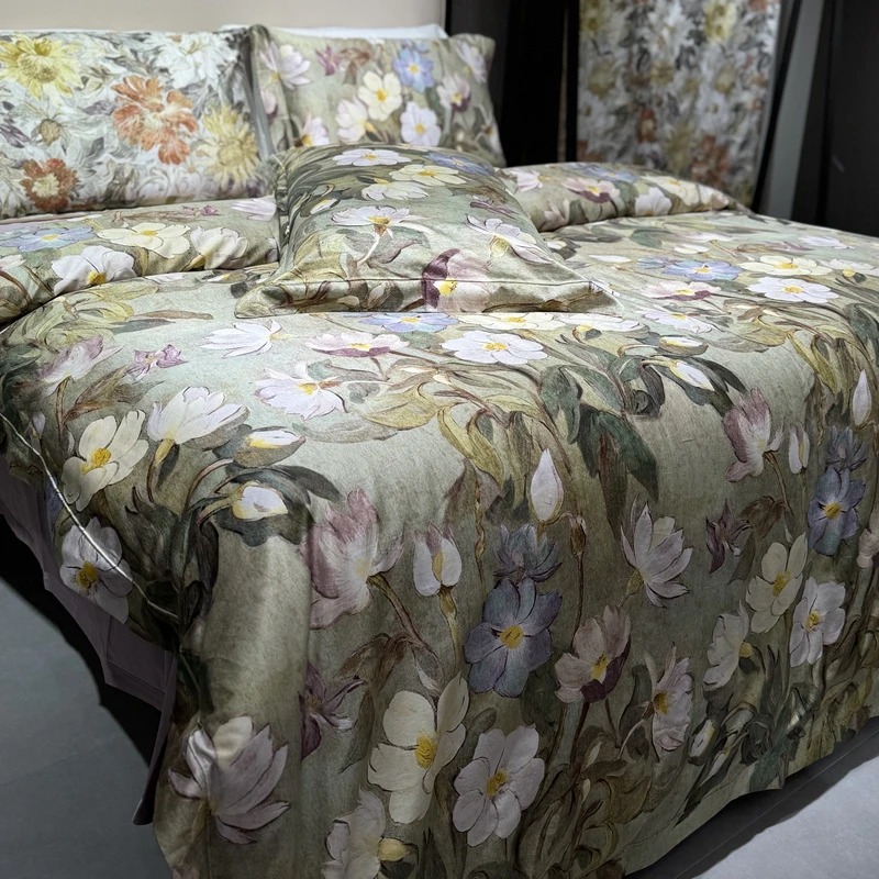4Pcs Vintage Oil Printing Style Luxury Bedding Set 1000TC Egyptian Cotton Duvet Cover Set Bed Sheet/Fitted Sheet Pillowcases 2