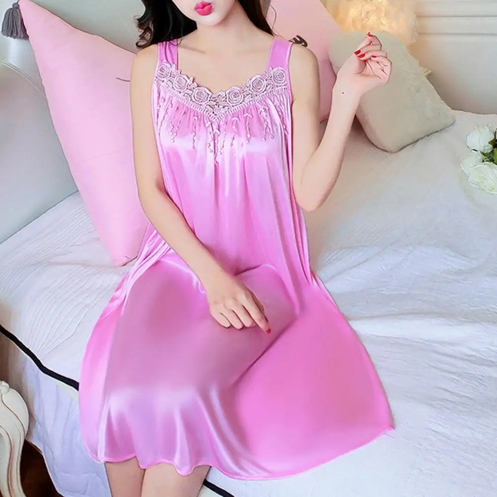 Women Nightdresses Solid Color Sleeveless Knee Length Breathable Great Stitching Women Nightie Lady Pajamas
