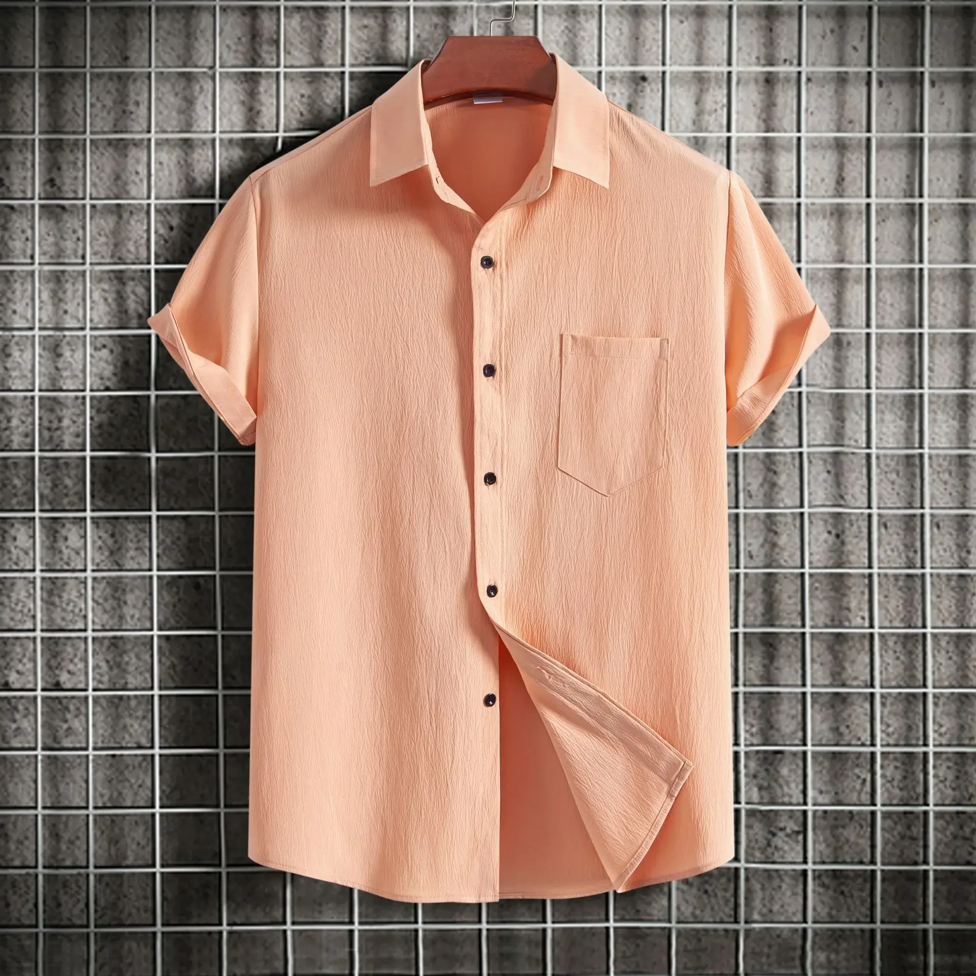 2024 summer new Europe and the United States men's solid color shirt printed casual lapel short-sleeve shirt