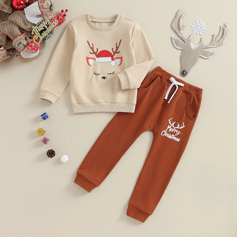 

Рождественский комплект одежды для маленьких мальчиков и девочек, топы с длинным рукавом и круглым вырезом и принтом оленя, брюки с эластичным поясом, детская одежда