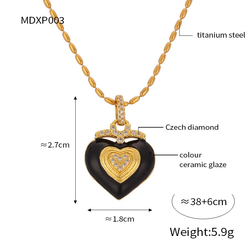 Schwarze Herz-Anhänger-Halskette für Damen, Edelstahl, runde Perlenkette, luxuriöse Kristall-Halskette, Hochzeitsschmuck, Accessoires – Detail 2