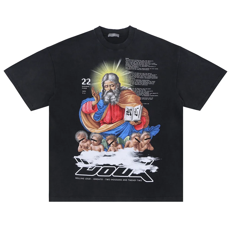 

American Short Sleeved T-shirt Men Summer Trendy Loose Vintgae Washed Old Retro Jesus Print Crew Neck Oversized T shirt