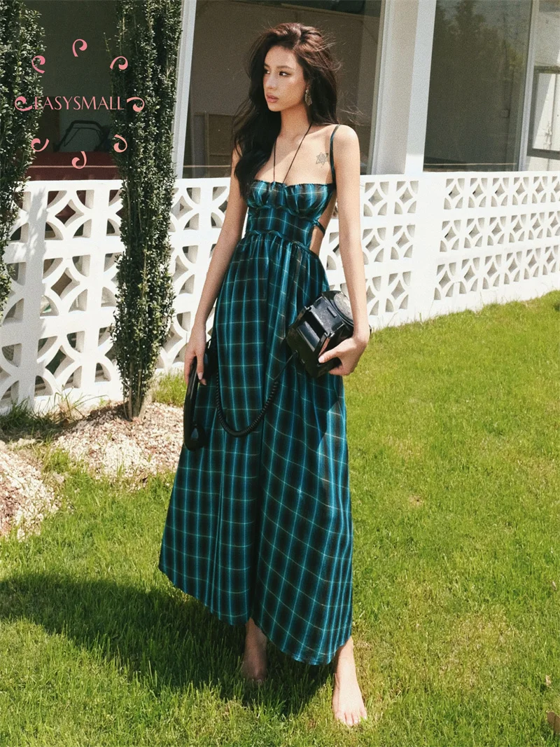 Easysmall Forlove&Lemons New Line Wizard of Oz Plaid Vintage Strap Open  Back Strap Dress Vacation Evening Dress for Women