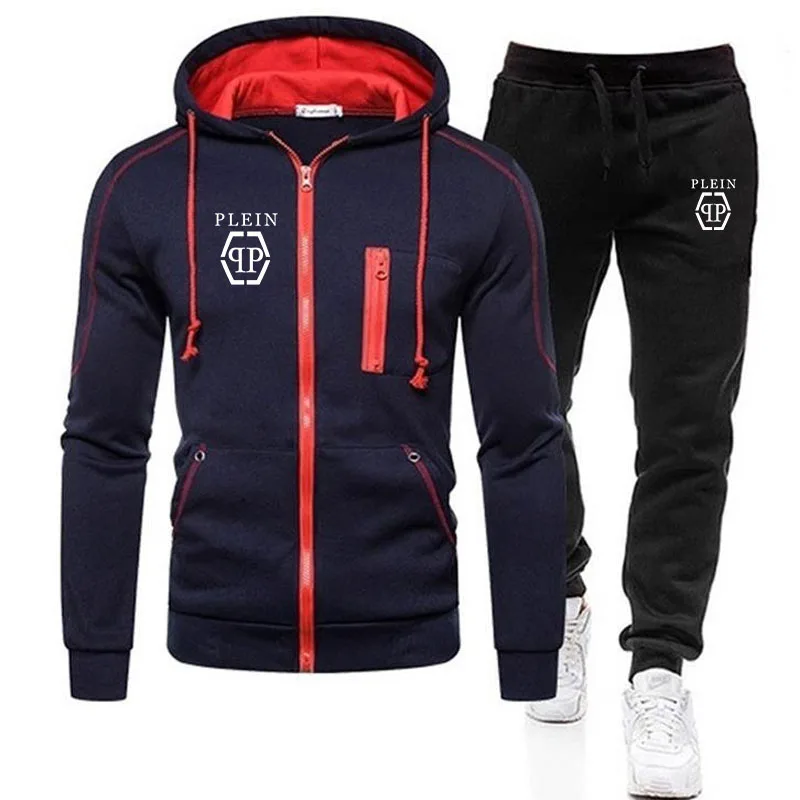 Mens Tracksuits Casual Sweatpants Print Zipper Hooded Sweatshirt Fashion Versatile Jacket Coat Outdoors Jogging Sports Clothing 2