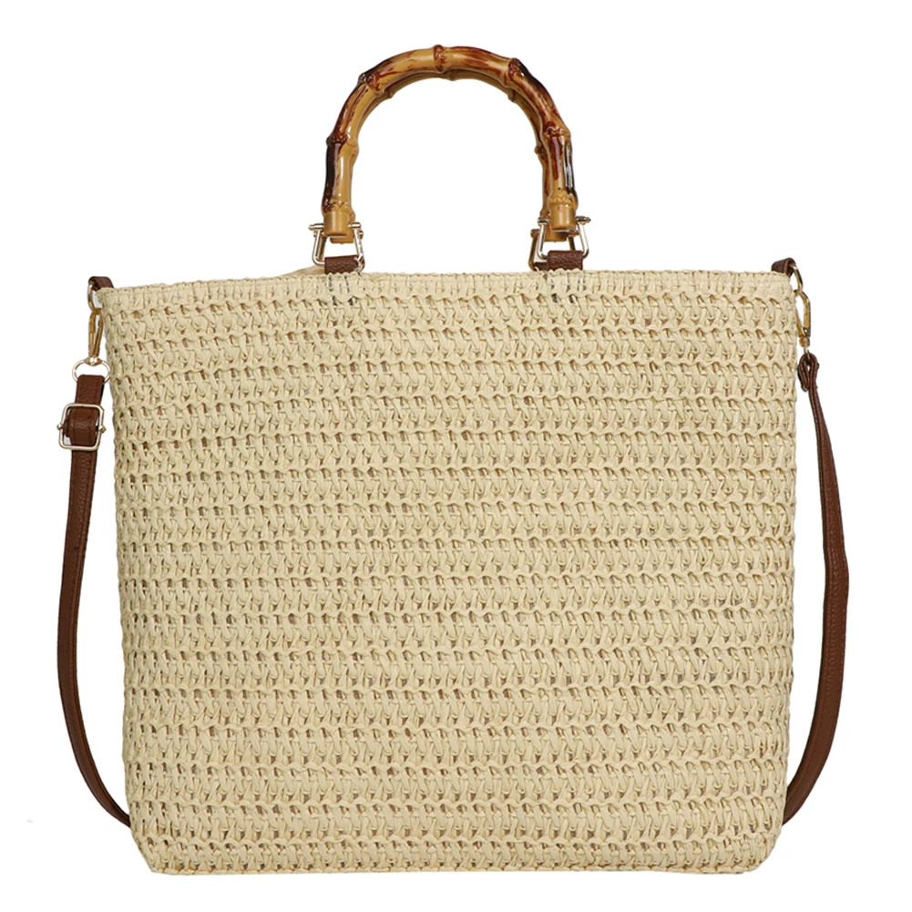 Borse da donna con coulisse intrecciate a mano borsa a tracolla da donna in tessuto di paglia di grande capacità con manico in bambù - immagine 2
