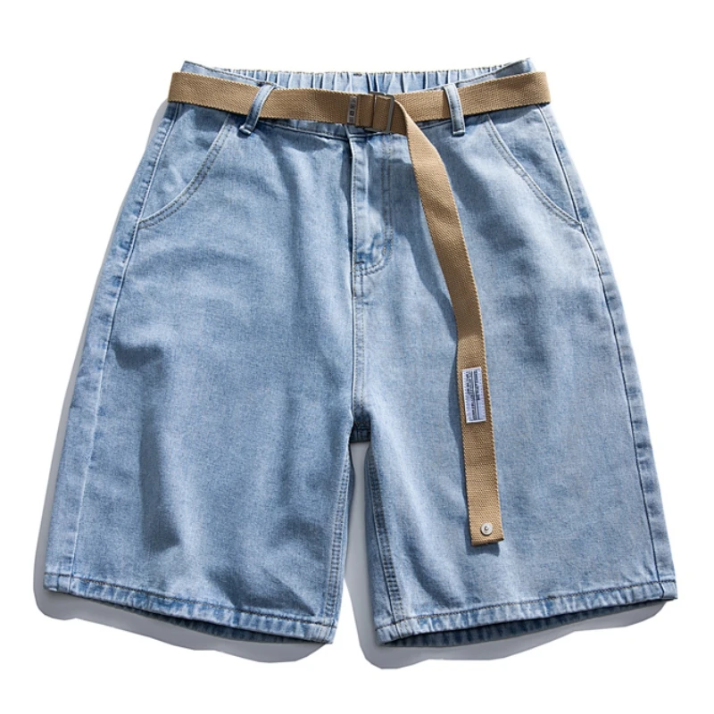 CUMUKKIYP Vintage Denim Shorts with Wide-leg Design and Belt for Men