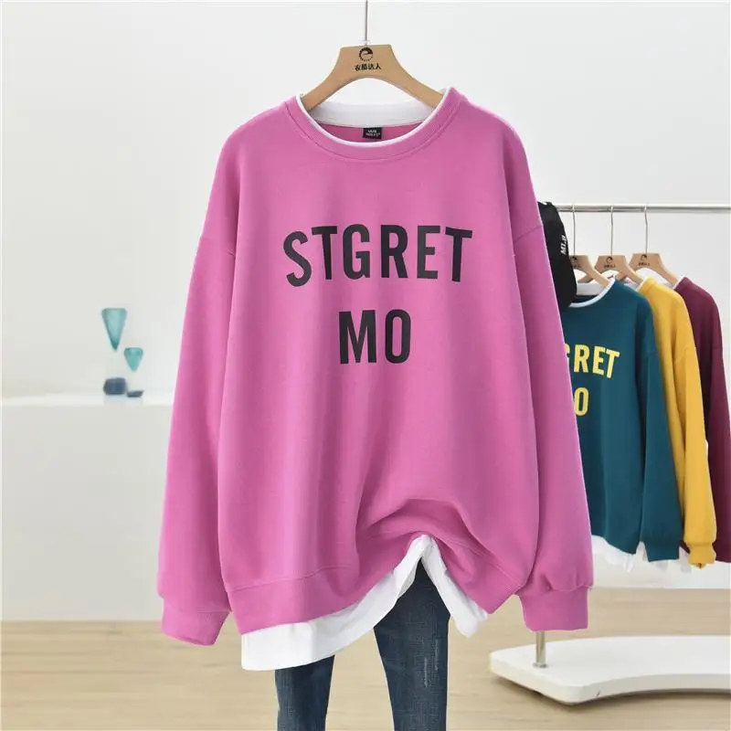 Casual Fake Two Piece Sweatshirts Spring Autumn New Solid Long Sleeve Letter Print Loose Pullovers Fashion Korean Women Clothing