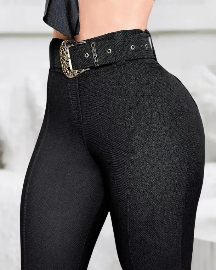 Women's Pants 2023 Spring Trend Fashion High Waist Pocket Design Casual Plain Skinny Daily Long Pants with Belt
