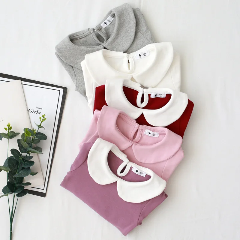 

Girls' Doll Collar Long Sleeve T-shirt Spring and Autumn White Baby Base Shirt Baby Cotton Top T-shirt