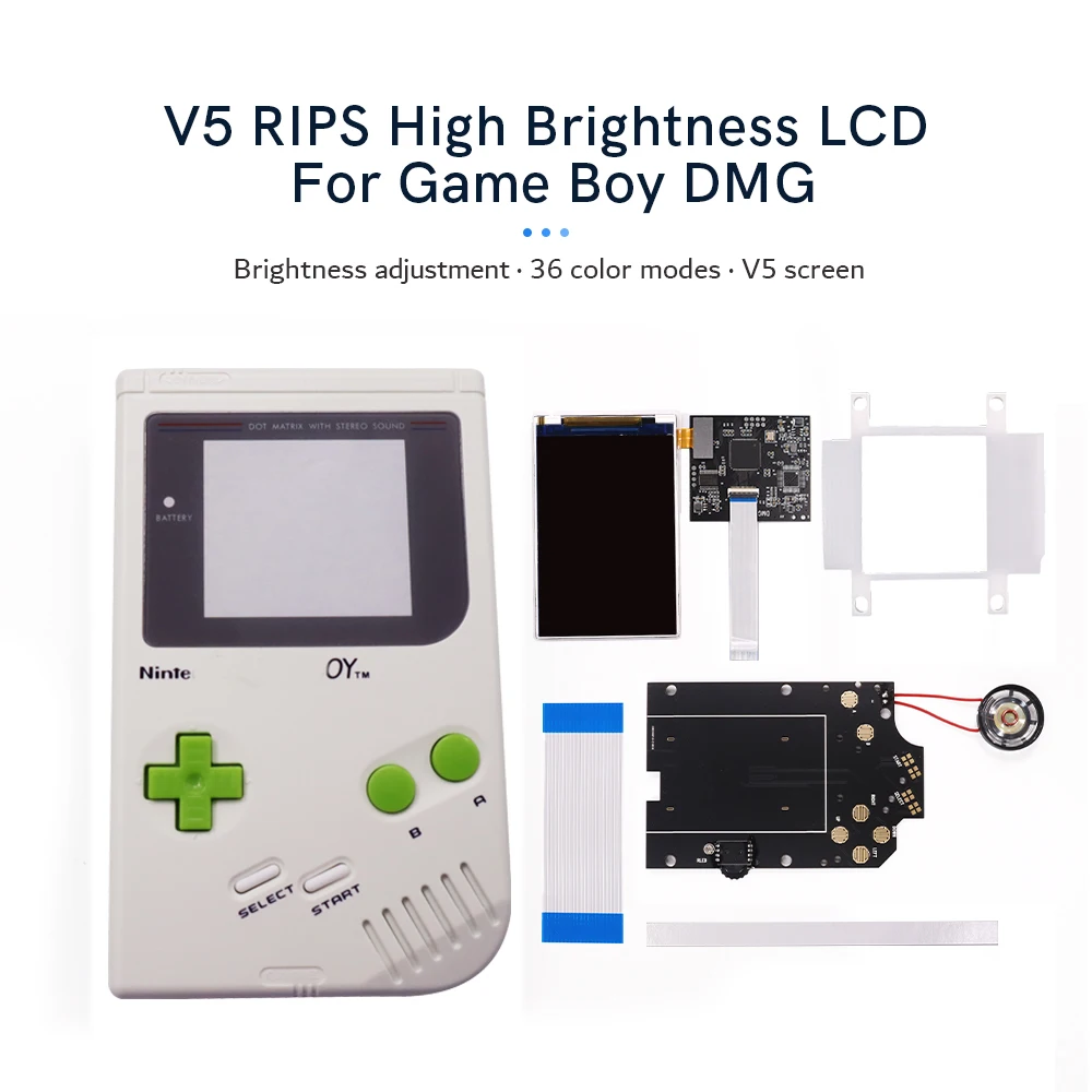 Guscio Pretagliato Bianco + Pulsante Verde V5 Osd Colore Modello Retroilluminazione Luminosità Schermo Lcd Ips Per Game Boy Classic Gbo/Dmg