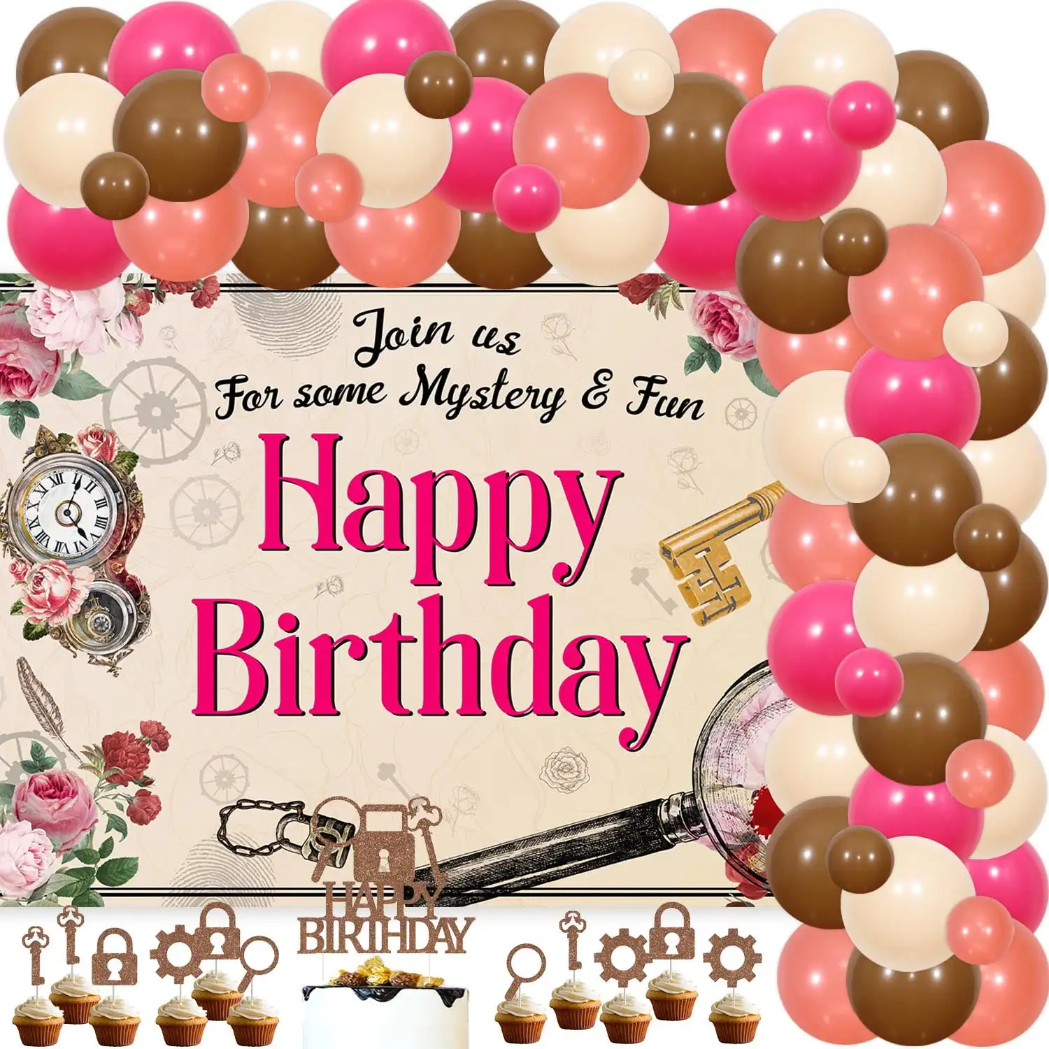 

Surprise Escape Room Birthday Decorations,Vintage Rose Red Backdrop,Apricot Balloon, Garland Arch Kit for Girl Party Decor