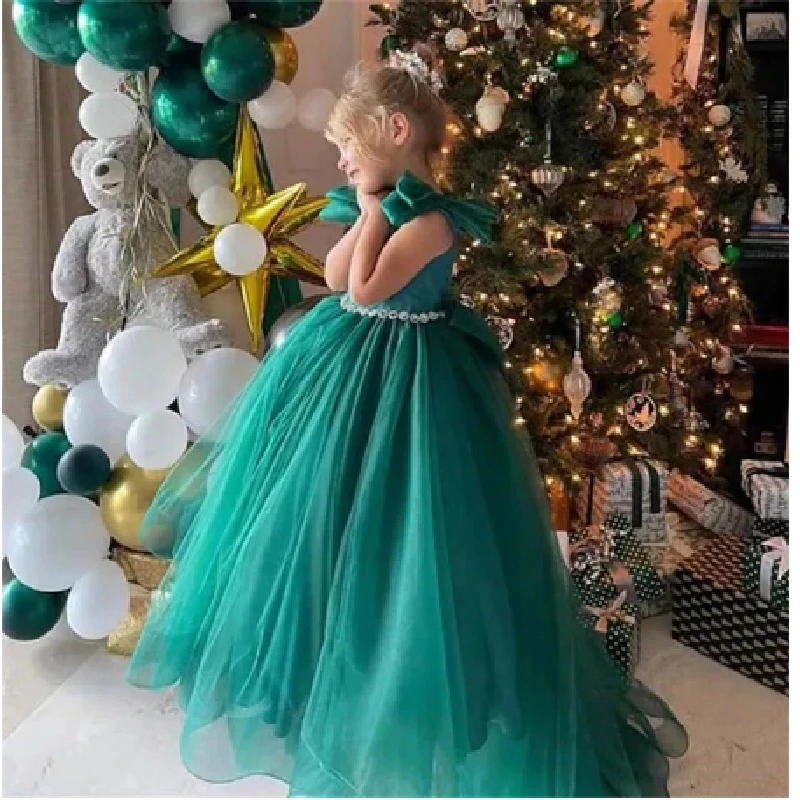 

Elegance Green Fluffy Bow Flower Girl Dress Kids Princess Lace Backless Floor Length Wedding Fold Ruffles Tulle Ball Gown Prom