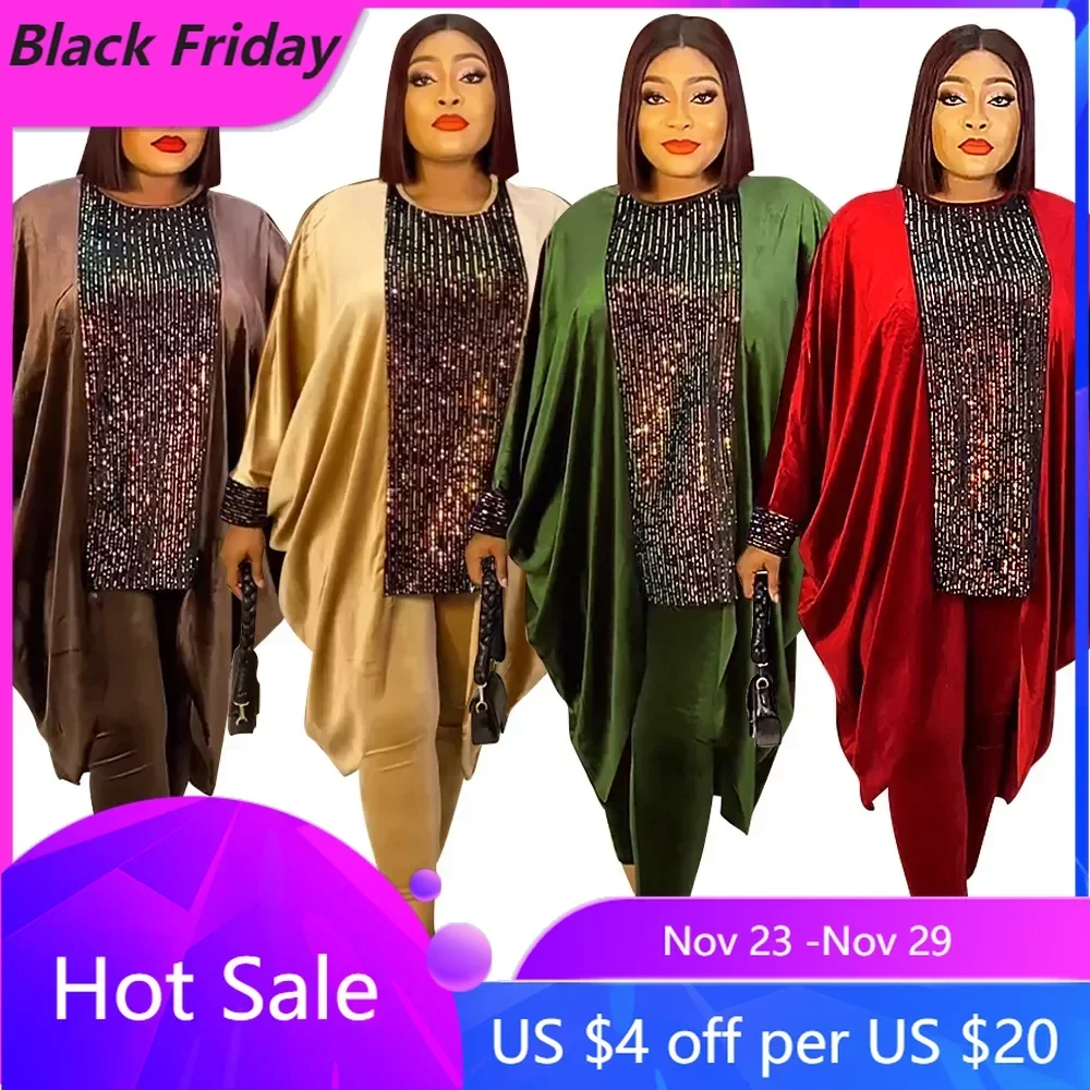 

Dubai African Luxury Velvet Dress Pants Suit Women Abayas Long Sleeve Tops Trouser 2 Piece Set Ladies Islamic Clothing Boubou