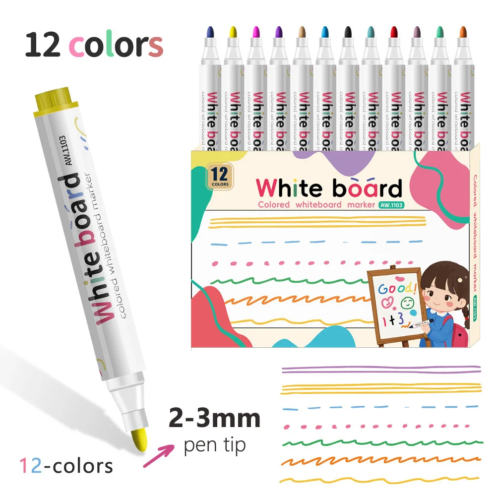 Vibrant Whiteboard Marker Set - 12 Erasable Non-Toxic Colors for Teaching, Meetings, and Creative Projects