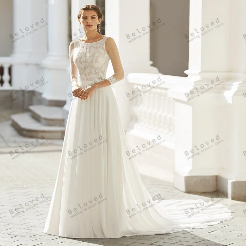 

Bohemia Wedding Dresses A-Line Chiffon Bridal Gowns Lace Appliques Three Quarters Sleeves O-Neck Robes 2024 Vestidos De Novia