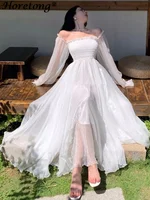 Horetong Elegant Maxi Dresses For Women White Off Shoulder Puff Long Sleeve Elastic High Waist Party Gown Ruffle Holiday Dress - Image 3
