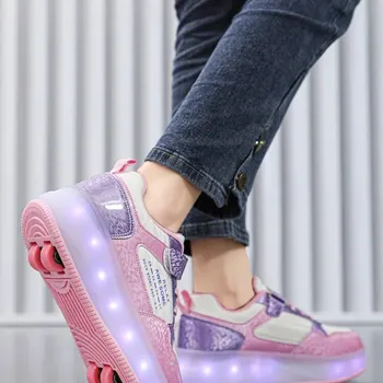 여아용 트렌디 쿨 로우 탑 롤러 스케이트보드 신발, 경량 미끄럼 방지 더블 휠 신발, 실내 야외용, 1 쌍 상품 이미지