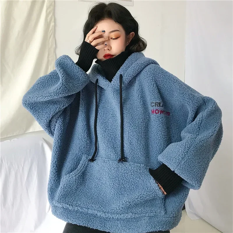 2024 Women Sweatshirt Spring Artificial Wool Hoodies Coats Warm Pullover Ladies Casual Winter Parka Outerwear Lamb Cashmere Tops