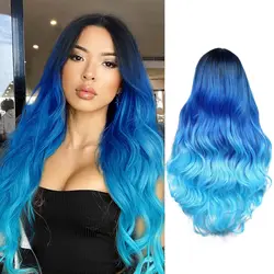 Vibrant Blue Wavy Mermaid Wig - Long Curly Synthetic Hair for Daily Wear or Cosplay (Gradient Blue)