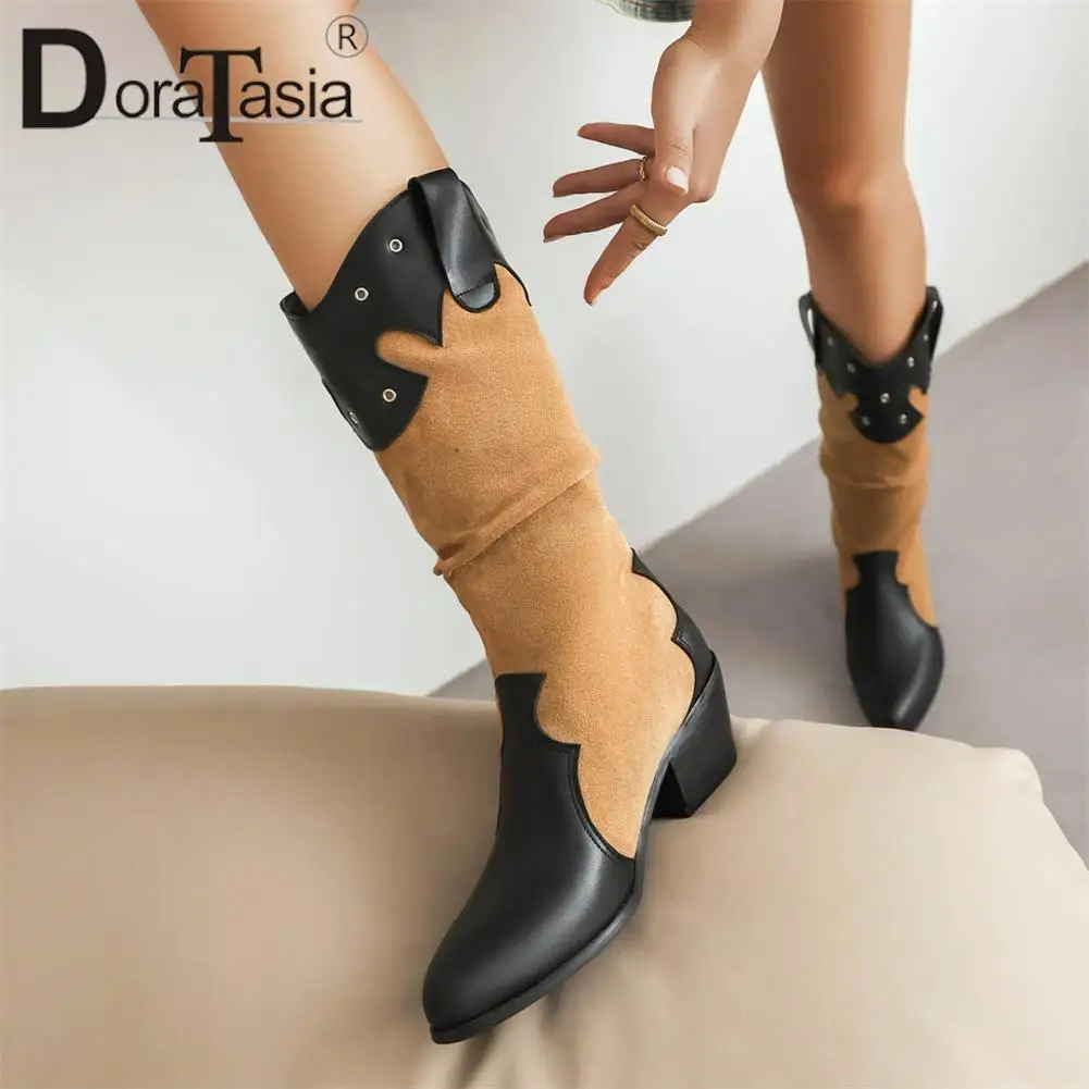 New Ladies Pointed Toe Cowboy Boots Fashion Mixed Colors Chunky Heels women's Western Cowgirl Boots Casual Party Woman Shoes