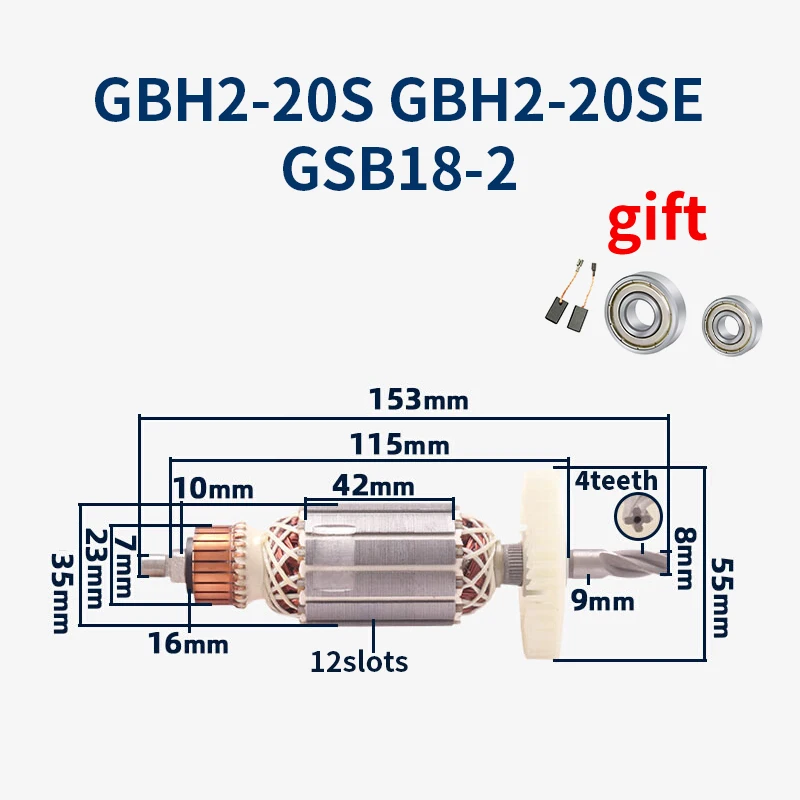 

Armature Stator Accessories 4teeth for Bosch GBH2-20 2-20S 2-20SE GSB18-2 Hammer Armature Rotor Anchor Stator Coil Replacement