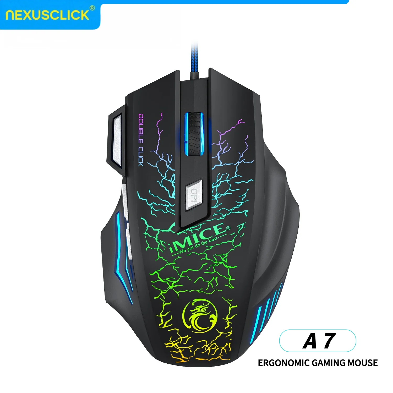 NexusClick 새로운 초고속 USB 게이밍 마우스, RGB 백라이트 2400 DPI 인체공학적 게임 마우스 7D e스포츠 유선 마우스 (노트북 PC 게이머용)