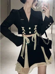 Gothic Elegant Retro 2 Piece Dress Set Even Party Women Casual Y2k Crop Tops + Mini Skrits 2023 Summer Korean Fashion Suits